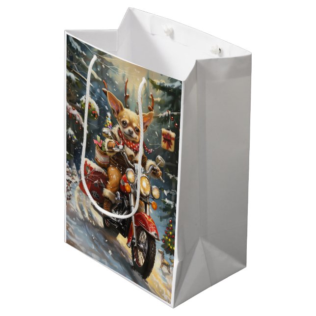 Chihuahua Dog Riding Motorcycle Christmas  Medium Gift Bag (Front Angled)