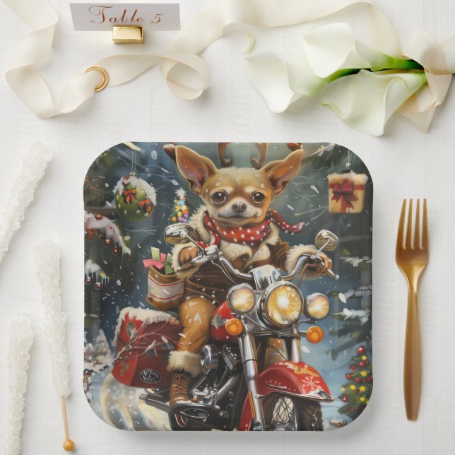 Chihuahua Dog Riding Motorcycle Christmas  Paper Plates (Wedding)