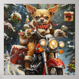 Chihuahua Dog Riding Motorcycle Christmas Poster