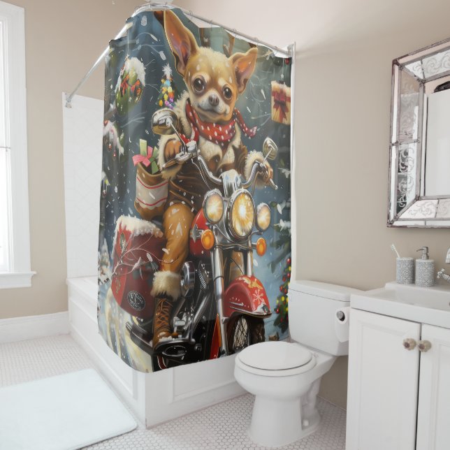 Chihuahua Dog Riding Motorcycle Christmas  Shower Curtain (In Situ)