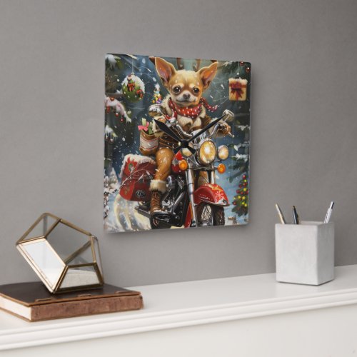 Chihuahua Dog Riding Motorcycle Christmas  Square Wall Clock