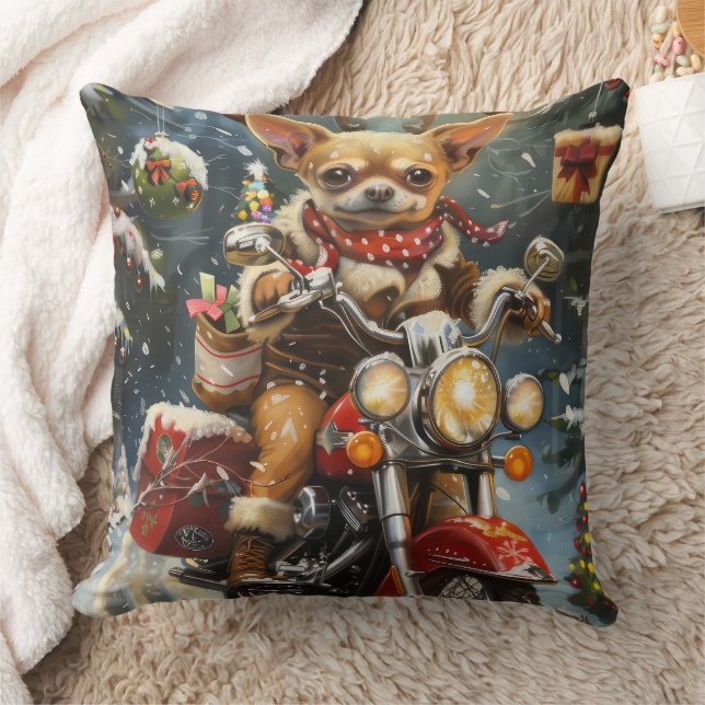 Chihuahua Dog Riding Motorcycle Christmas  Throw Pillow (Blanket)