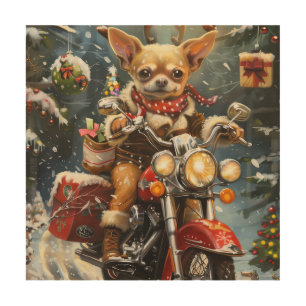 Chihuahua Dog Riding Motorcycle Christmas Wood Wall Art