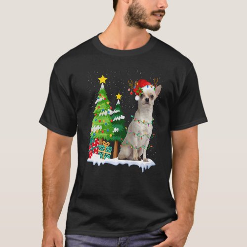 Chihuahua Dog Santa Hat Reindeer Christmas Lights  T_Shirt