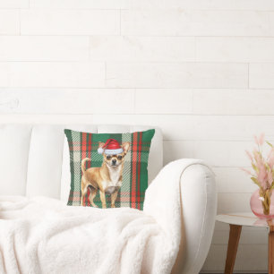 Chihuahua Dog Santa Plaid Christmas Holiday Throw Pillow