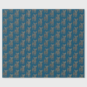 Chihuahua Dog Silhouette Y&B Grid Line Blue Wrapping Paper