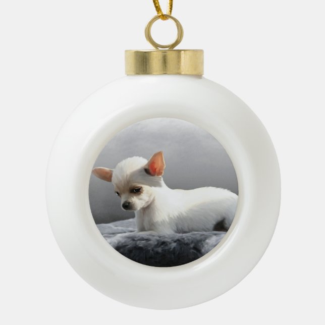 Chihuahua Dog Sitting Dog Portrait Art Painting Ceramic Ball Christmas Ornament (Front)