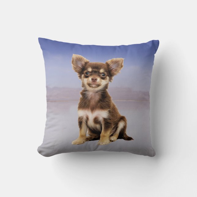 Chihuahua Dog Sitting On Beach Throw Pillow (Front)