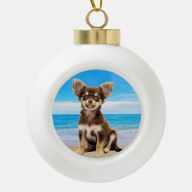 Chihuahua Dog Sitting on Tropical Beach Ceramic Ball Christmas Ornament (Front)