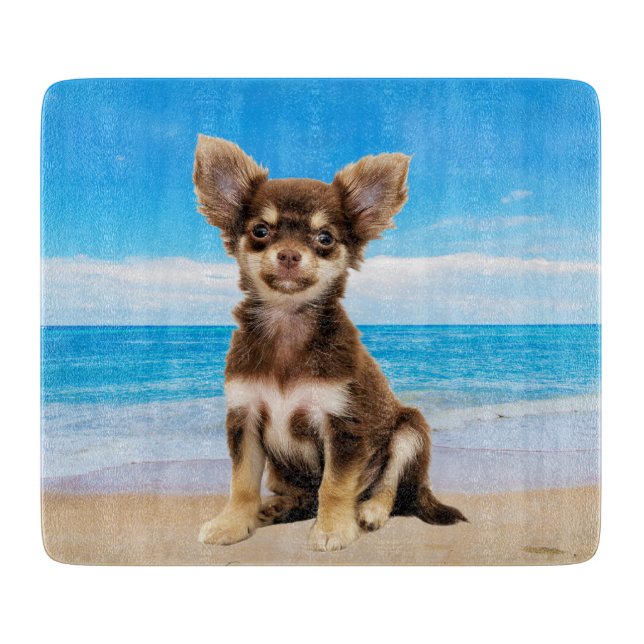 Chihuahua Dog Sitting on Tropical Beach Cutting Board (Front)