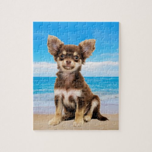 Chihuahua Dog Sitting on Tropical Beach Jigsaw Puzzle