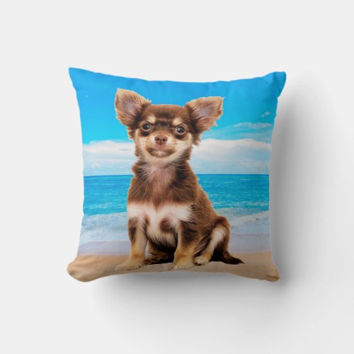 Chihuahua Dog Sitting on Tropical Beach Throw Pillow