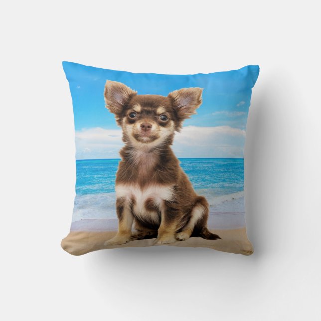 Chihuahua Dog Sitting on Tropical Beach Throw Pillow (Front)