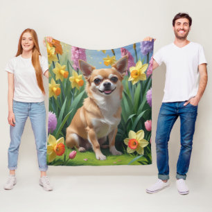 Chihuahua Dog Spring Flowers Painting Fleece Blanket