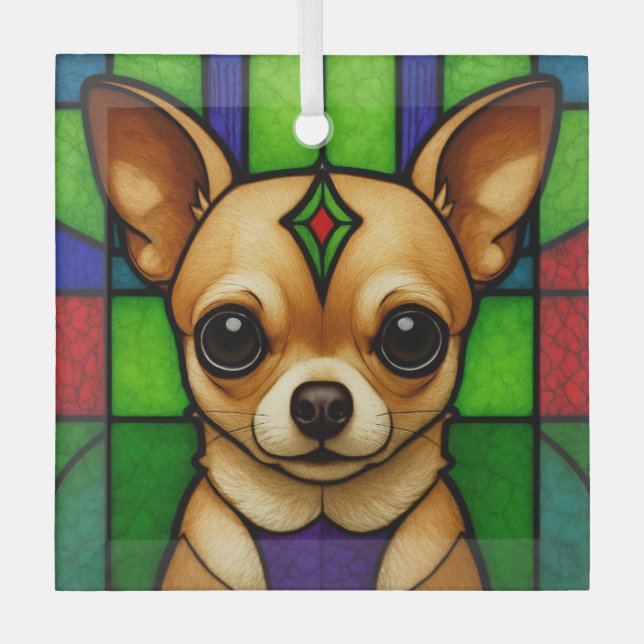 Chihuahua Dog "Stained Glass"  Glass Ornament (Front)