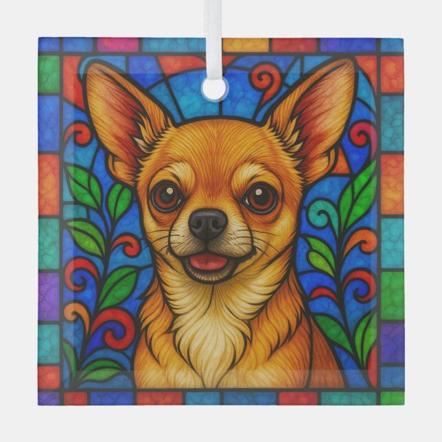 Chihuahua Dog "Stained Glass"  Glass Ornament (Front)
