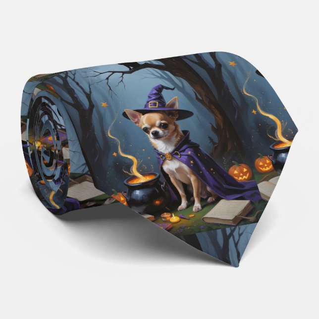 Chihuahua Dog Whimsical Halloween Painting Neck Tie (Rolled)