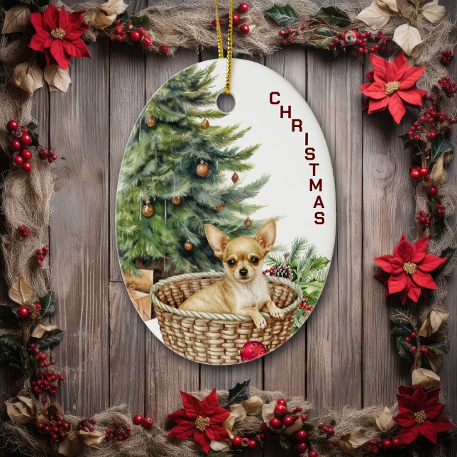 Chihuahua Dog Wicker Basket Christmas Ceramic Ornament (Creator Uploaded)