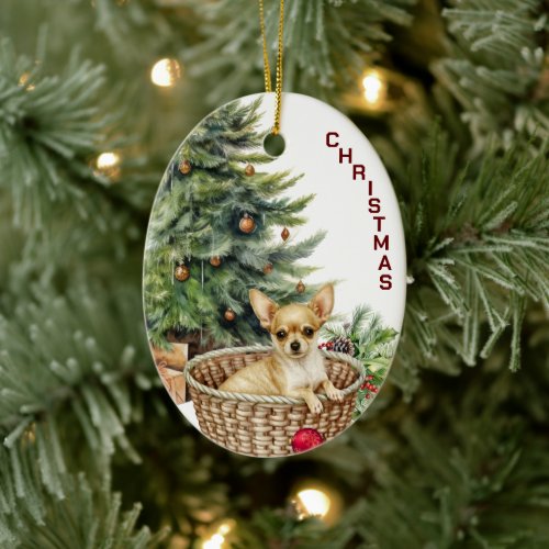 Chihuahua Dog Wicker Basket Christmas Ceramic Ornament