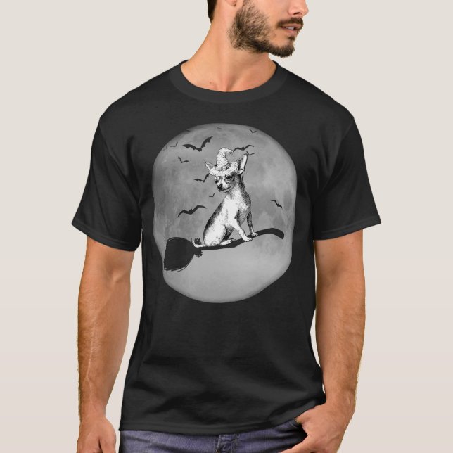 Chihuahua Dog Witch Hat Broom Full Moon Dog Lovers T-Shirt (Front)