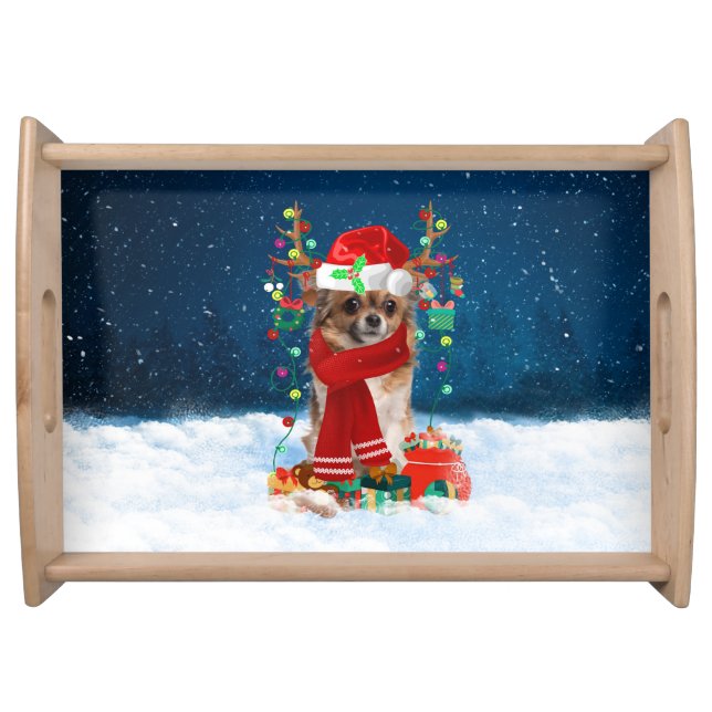 Chihuahua dog with Christmas gifts  Serving Tray (Front)