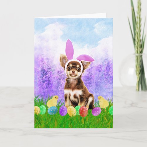 Chihuahua Dog with Easter Eggs Bunny Chicks Holiday Card