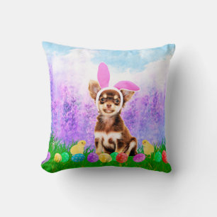 Chihuahua Dog with Easter Eggs Bunny Chicks Throw Pillow