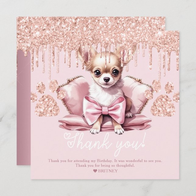 Chihuahua Dog with Glitter Birthday Party Thank You Card (Front/Back)