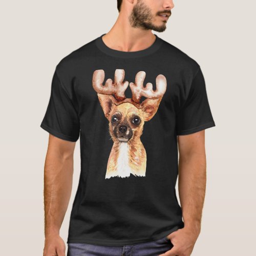 Chihuahua Dog With Reindeer Antler Watercolor T_Shirt