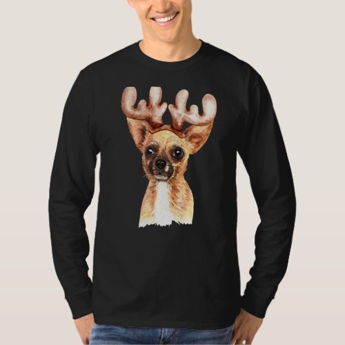 Chihuahua Dog With Reindeer Antler Watercolor T_Shirt