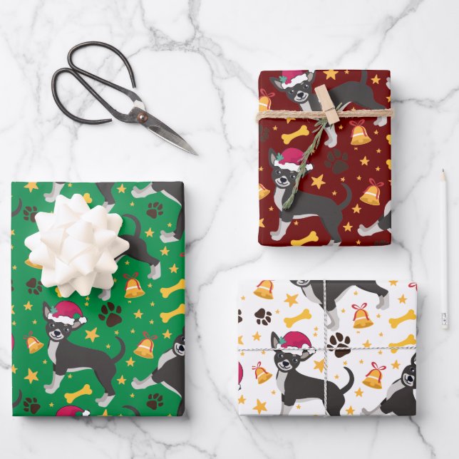 Chihuahua Dog With Santa Hat Christmas Wrapping Paper Sheets (Front)