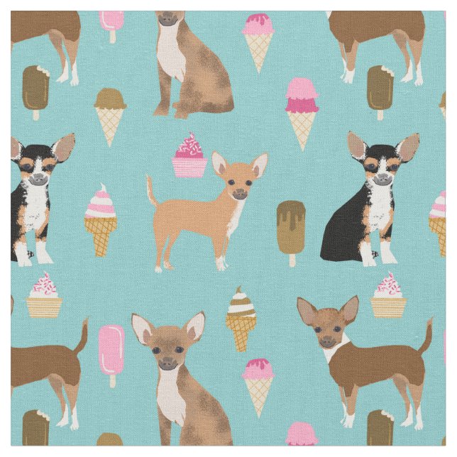Chihuahua dogs ice cream blue fabric (Close Up)