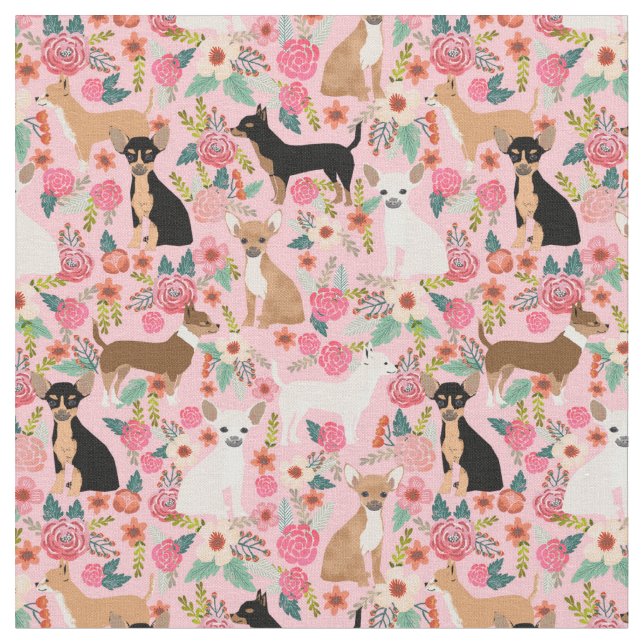 Chihuahua dogs vintage florals pink fabric (Close Up)
