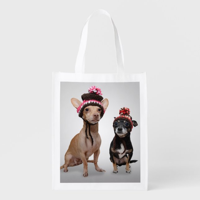 Chihuahua Dogs With Hats Photo Reusable Grocery Bag (Front)