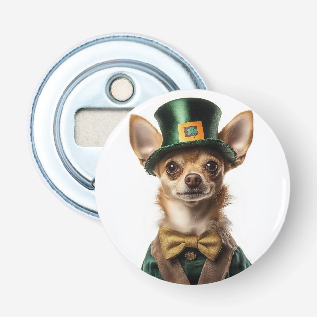 Chihuahua Dressed Leprechaun St. Patrick’s Day Bottle Opener (Front)