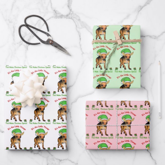 Chihuahua Elf Christmas Wrapping Paper Sheets (Front)