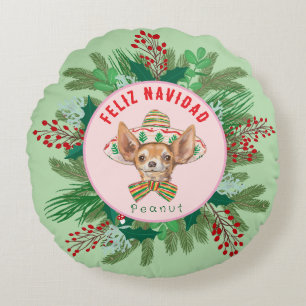 Chihuahua Feliz Navidad Happy Hollidays wreath Round Pillow