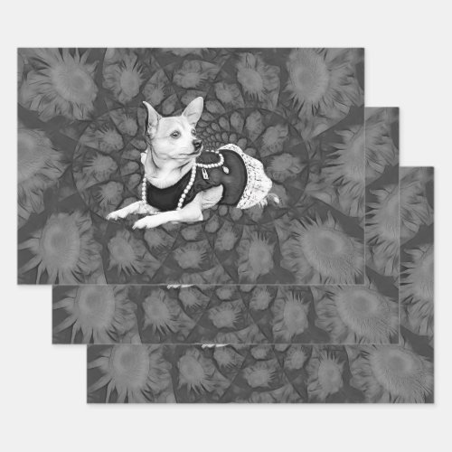 Chihuahua Floral Vintage Black And White Dog Art Wrapping Paper Sheets