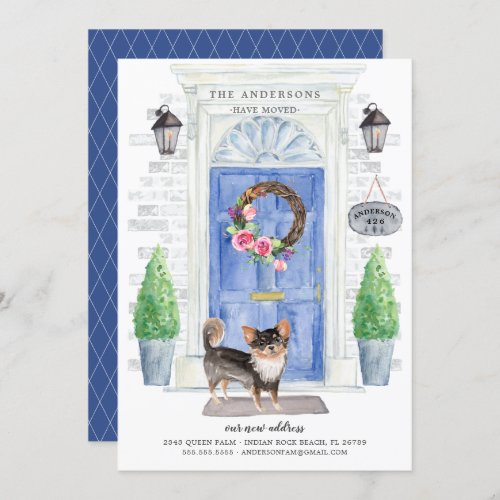 Chihuahua Front Door Moving Announcement - Announce your new address with our stylish announcement featuring a long hair Chihuahua, blue front door, welcome mat, slate sign, topiaries and a floral wreath set on a gray brick background.