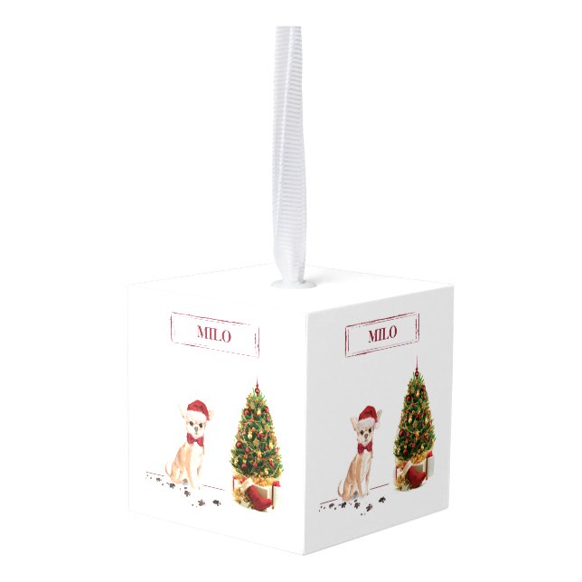 Chihuahua Funny Christmas Dog with Tree Cube Ornament (Back Angled)