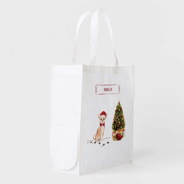 Chihuahua Funny Christmas Dog with Tree Grocery Bag (Front Side)