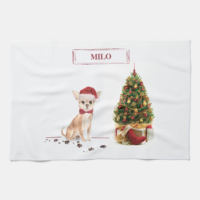Chihuahua Funny Christmas Dog with Tree Kitchen Towel (Horizontal)