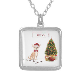 Chihuahua Funny Christmas Dog with Tree Silver Plated Necklace