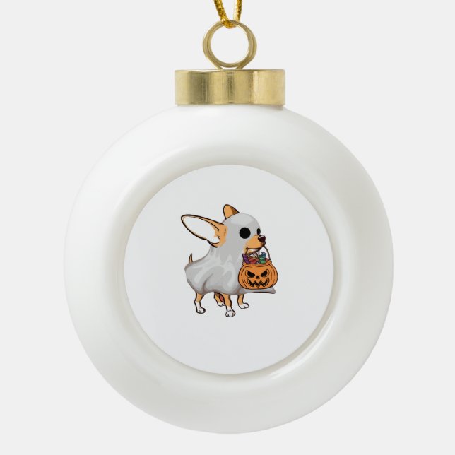 Chihuahua Ghost Pumpkin Halloween Shirt Ceramic Ball Christmas Ornament (Front)