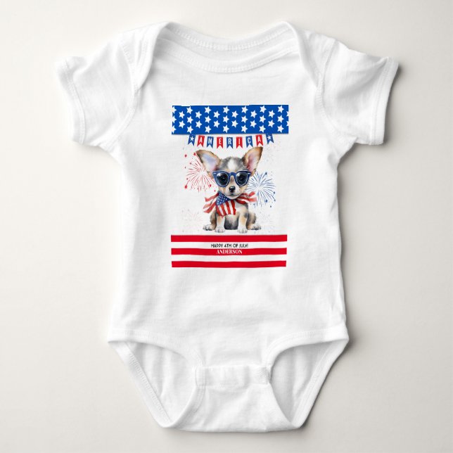 Chihuahua Happy 4Th Of July America Patriotic USA Baby Bodysuit (Front)