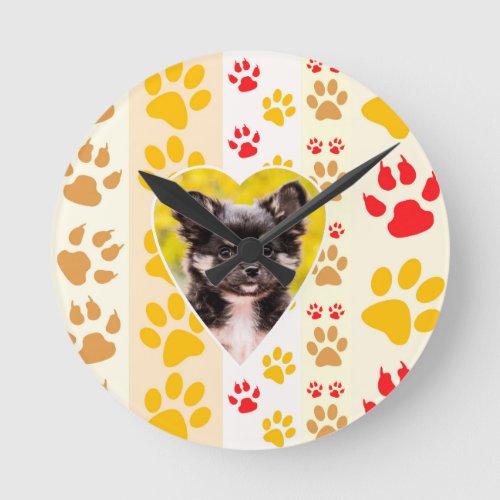 Chihuahua Heart Paw Prints Round Clock