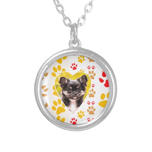Chihuahua Heart Paw Prints Silver Plated Necklace