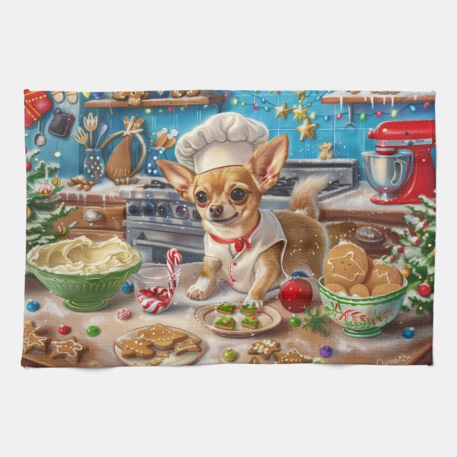Chihuahua Holiday Baking: Festive Christmas Kitchen Towel (Horizontal)