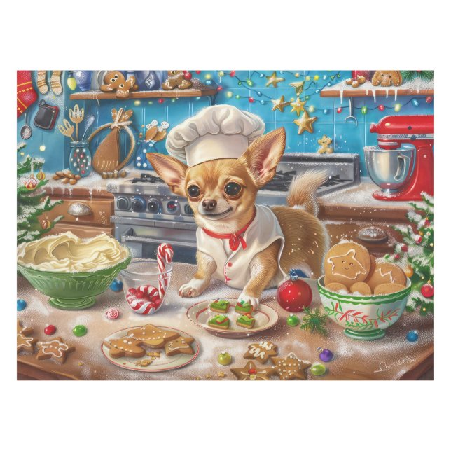 Chihuahua Holiday Baking: Festive Christmas Tablecloth (Front (Horizontal))