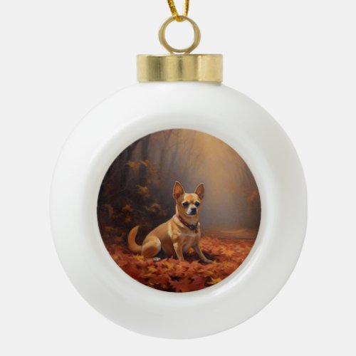 Chihuahua in Autumn Leaves Fall Inspire  Ceramic Ball Christmas Ornament